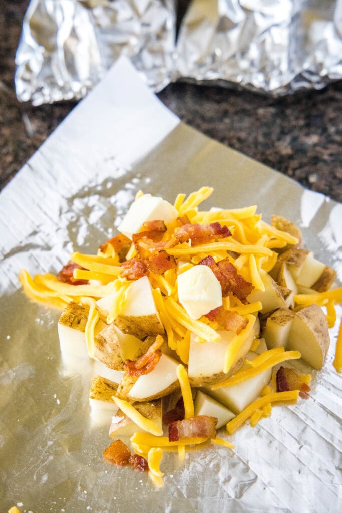 assembling potato pack for the grill