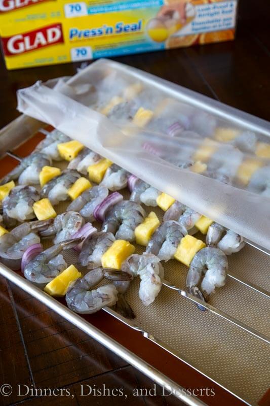 Grilled teriyaki shrimp kebabas in a pan