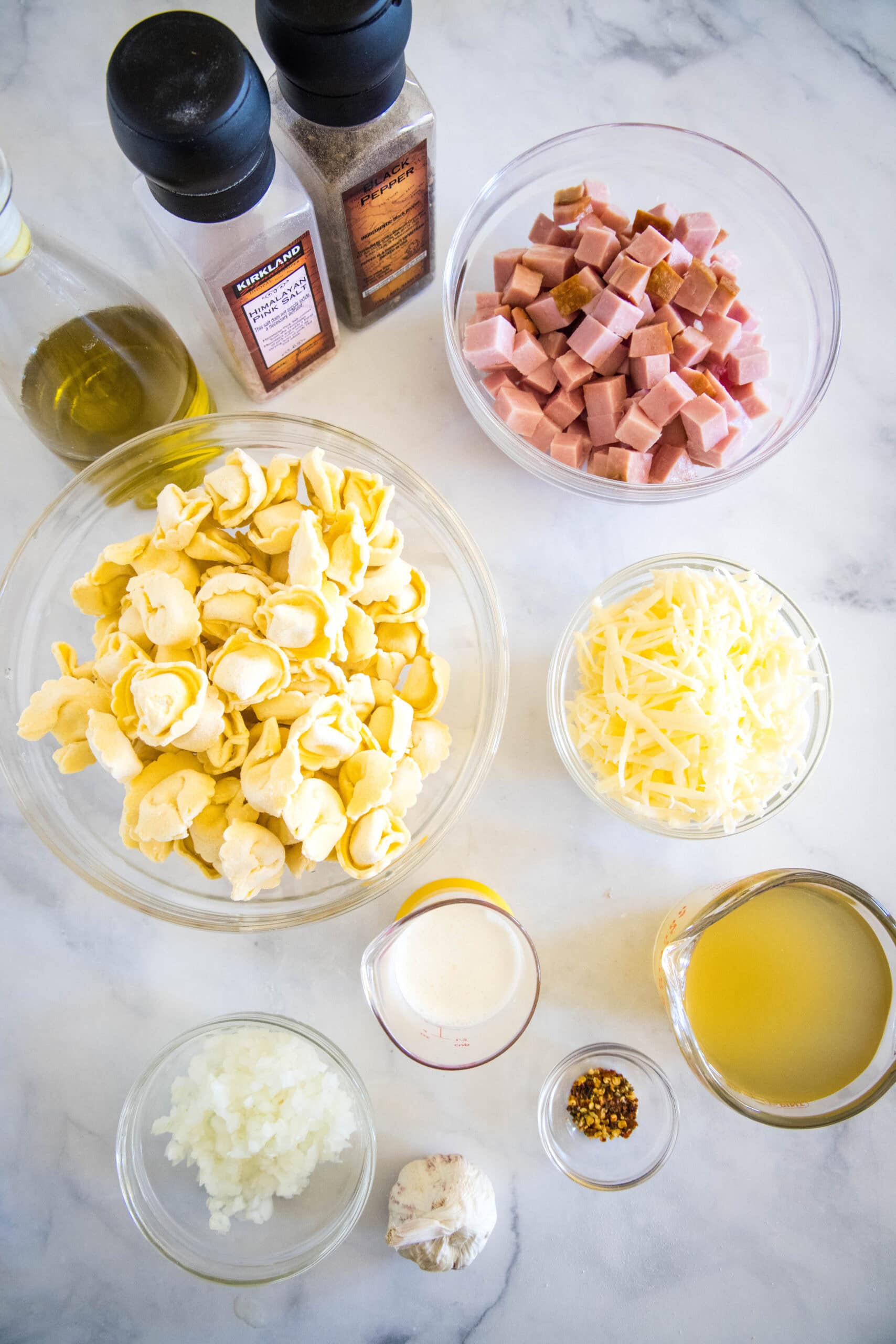 Ingredients for ham tortellini.