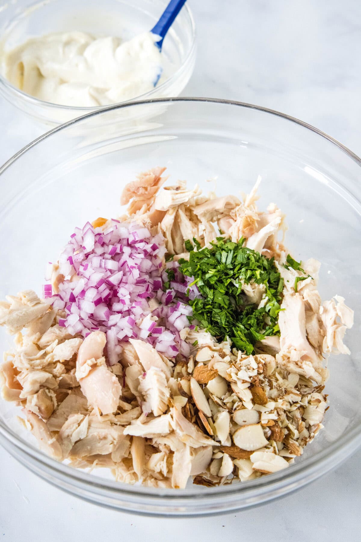 healthy chicken salad ready to mix in a bowl