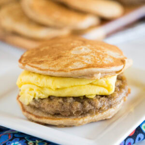 close up sausage mcgriddle on a white plate