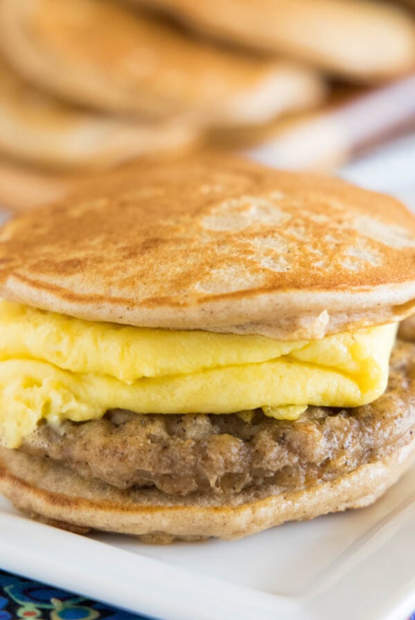 close up sausage mcgriddle on a white plate