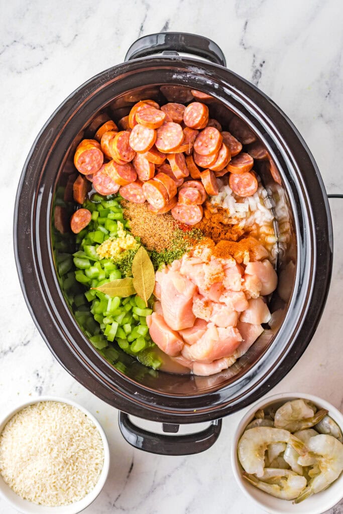jambalaya ingredients in the crock pot