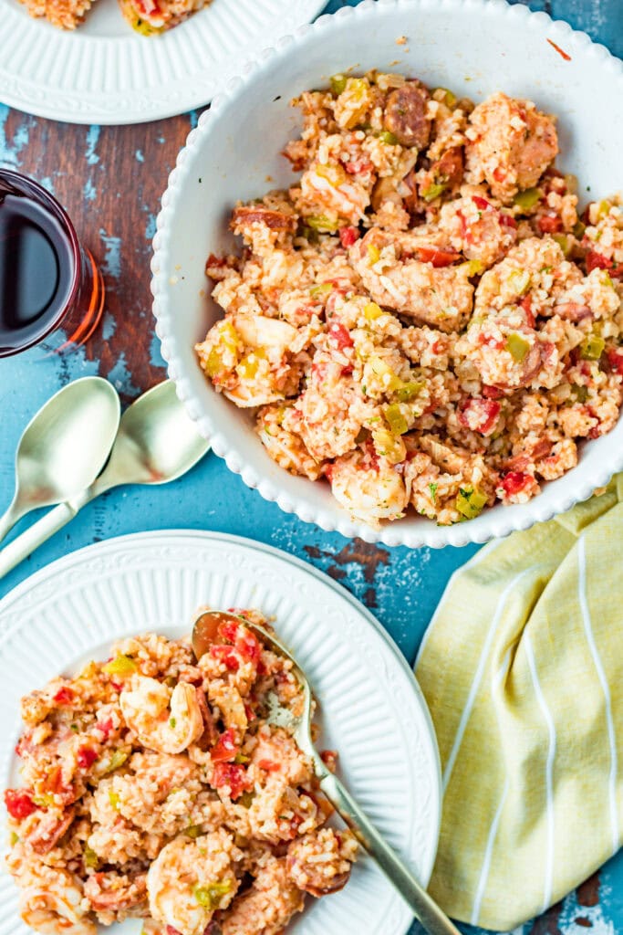 looking down at a plate of jambalaya