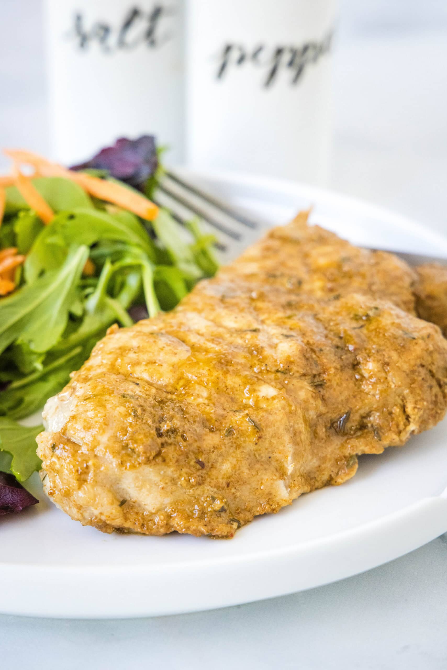 An instant pot pork chop with a side of salad on a white plate.