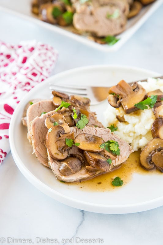 A plate of food on a table, with Dinner and Pork tenderloin