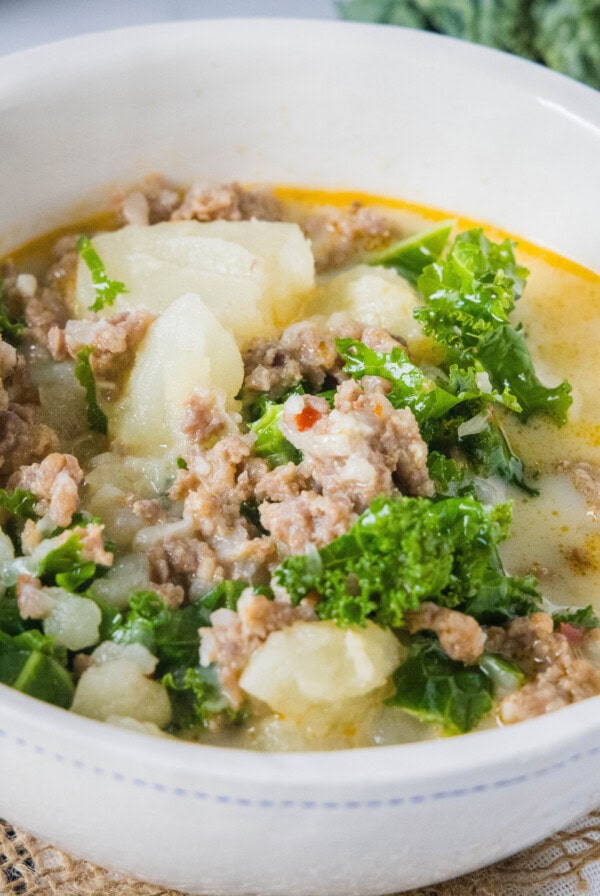 Close up of a bowl of Zuppa Toscana