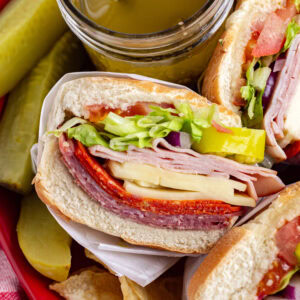 close up Italian subs cut in half