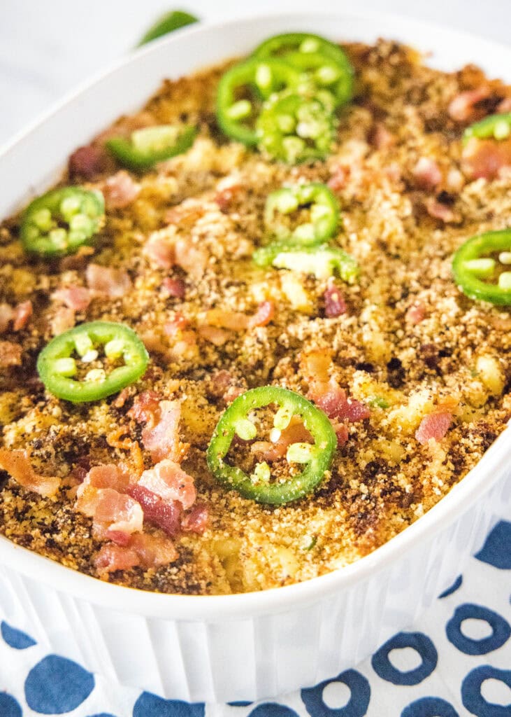 casserole dish of jalapeno and bacon mac and cheese