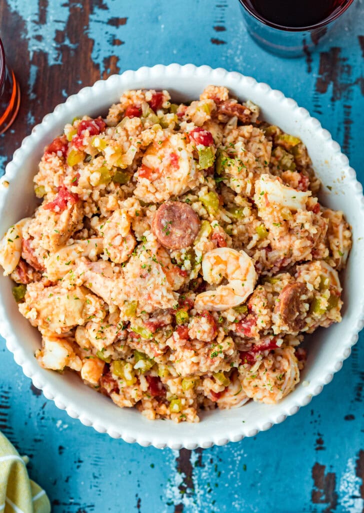 looking down on a serving bowl of jambalaya