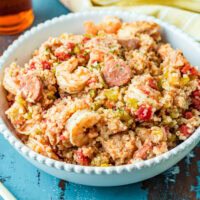 close up of slow cooker jambalaya in a bowl