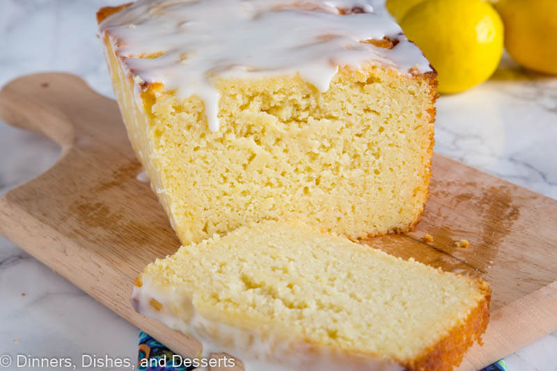 sliced lemon pound cake on a cutting board