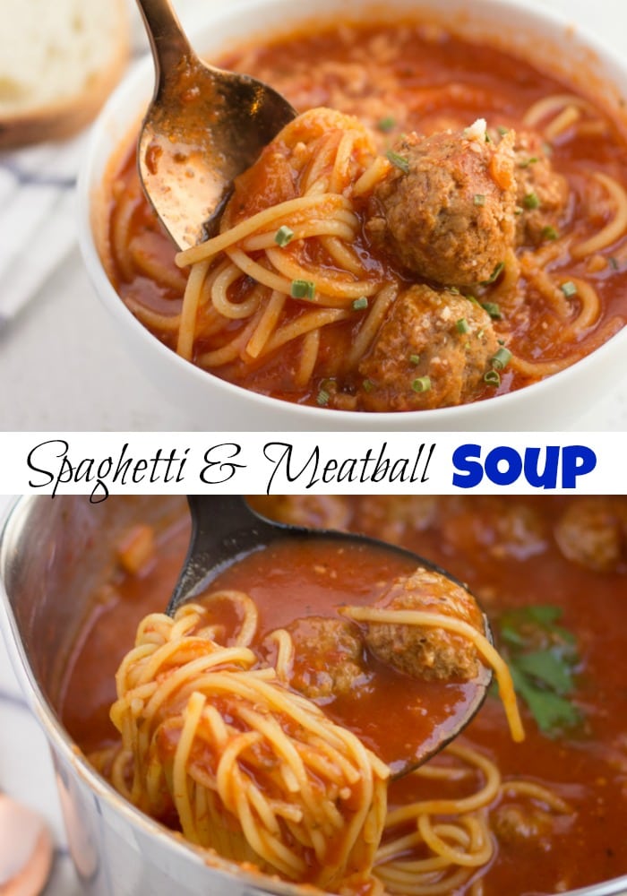 spaghetti and meatball soup in a bowl