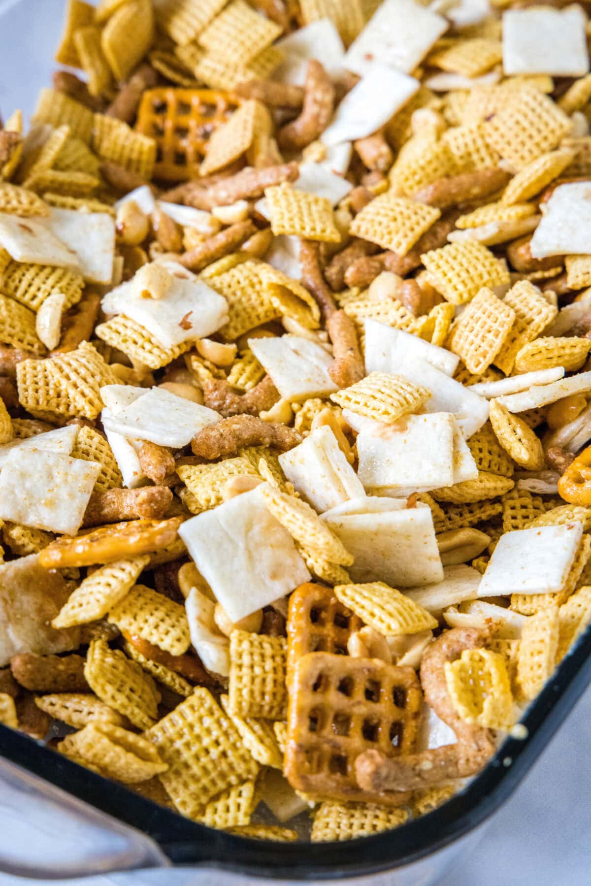 taco snack mix in baking dish