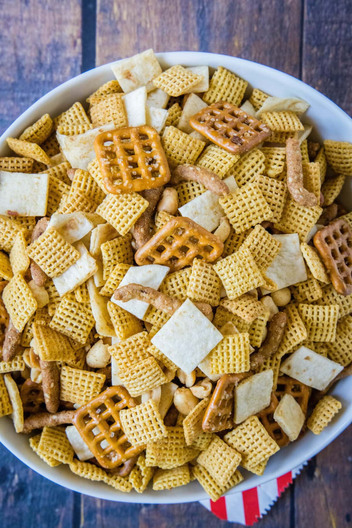 looking down on a bowl of taco snack mix