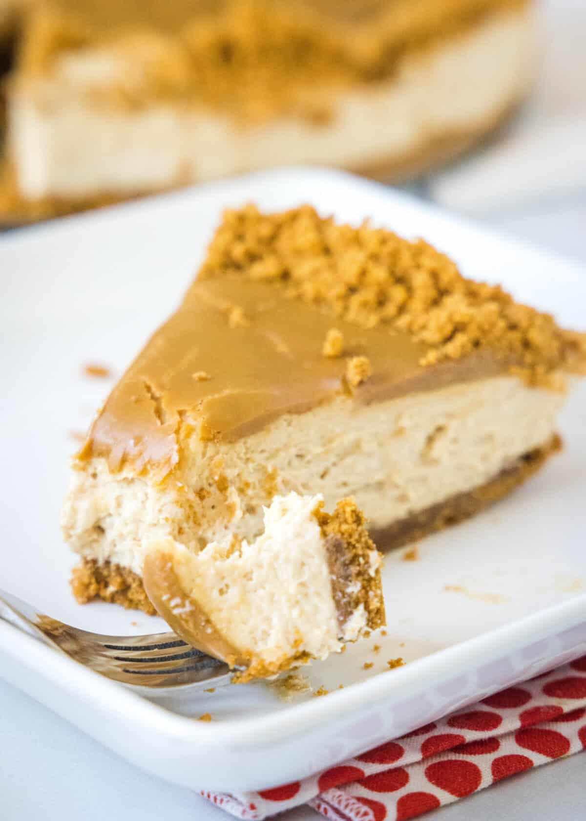 a bite on a fork of no bake biscoff cheesecake