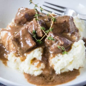 cropped close up no peek beef tips in gravy