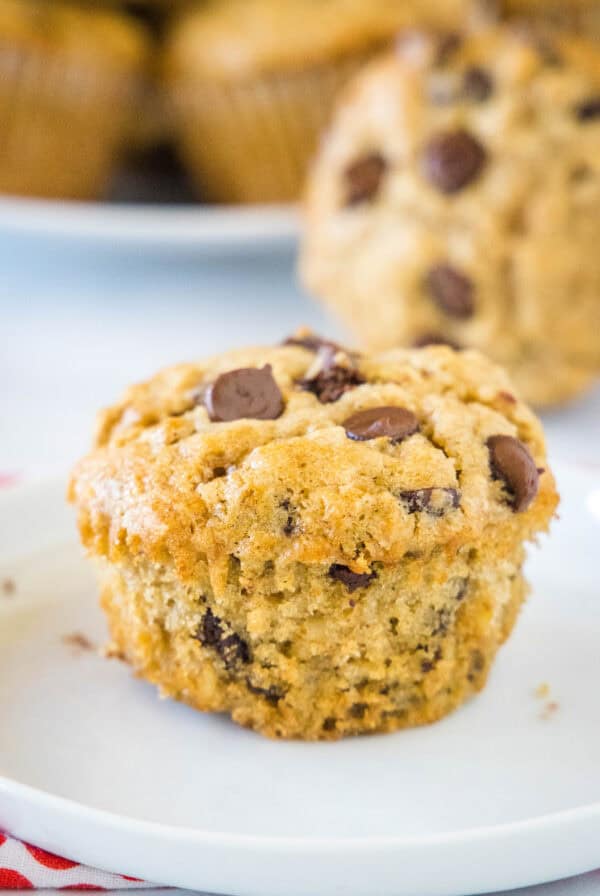 An oatmeal chocolate chip muffin on a white plate with more muffins in the background.