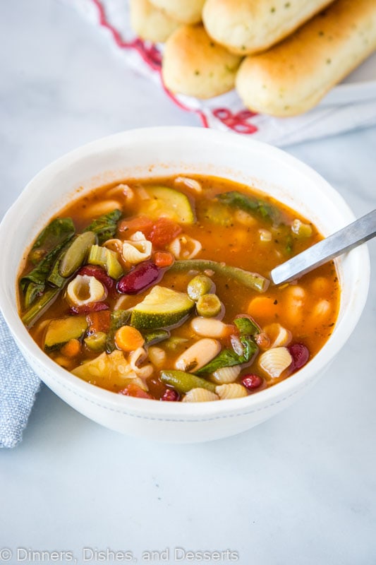 Vegan Minestrone Soup full of veggies and shell pasta