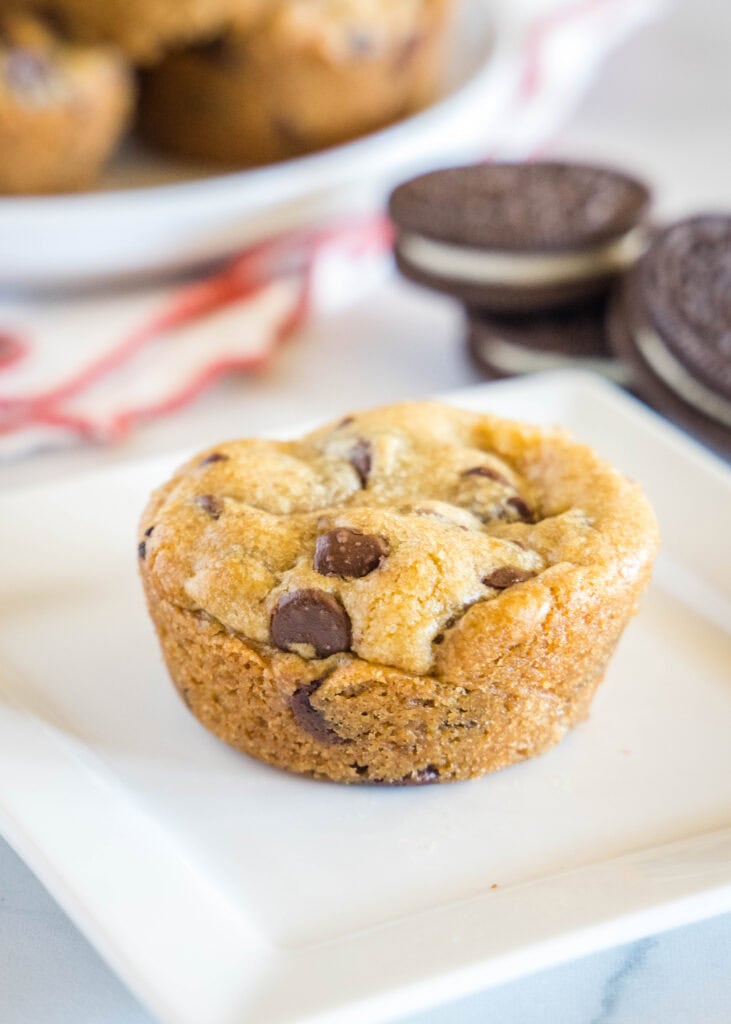 oreo stuffed chocolate chip cookie on a white plate