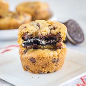 close up oreo stuffed cookie with a bite taken out of it