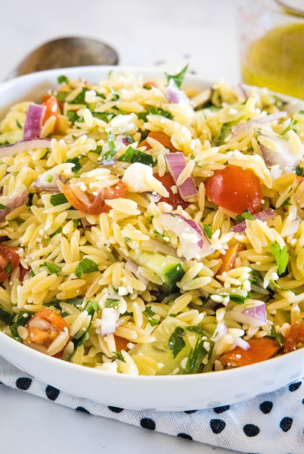 Orzo pasta salad in a large bowl.