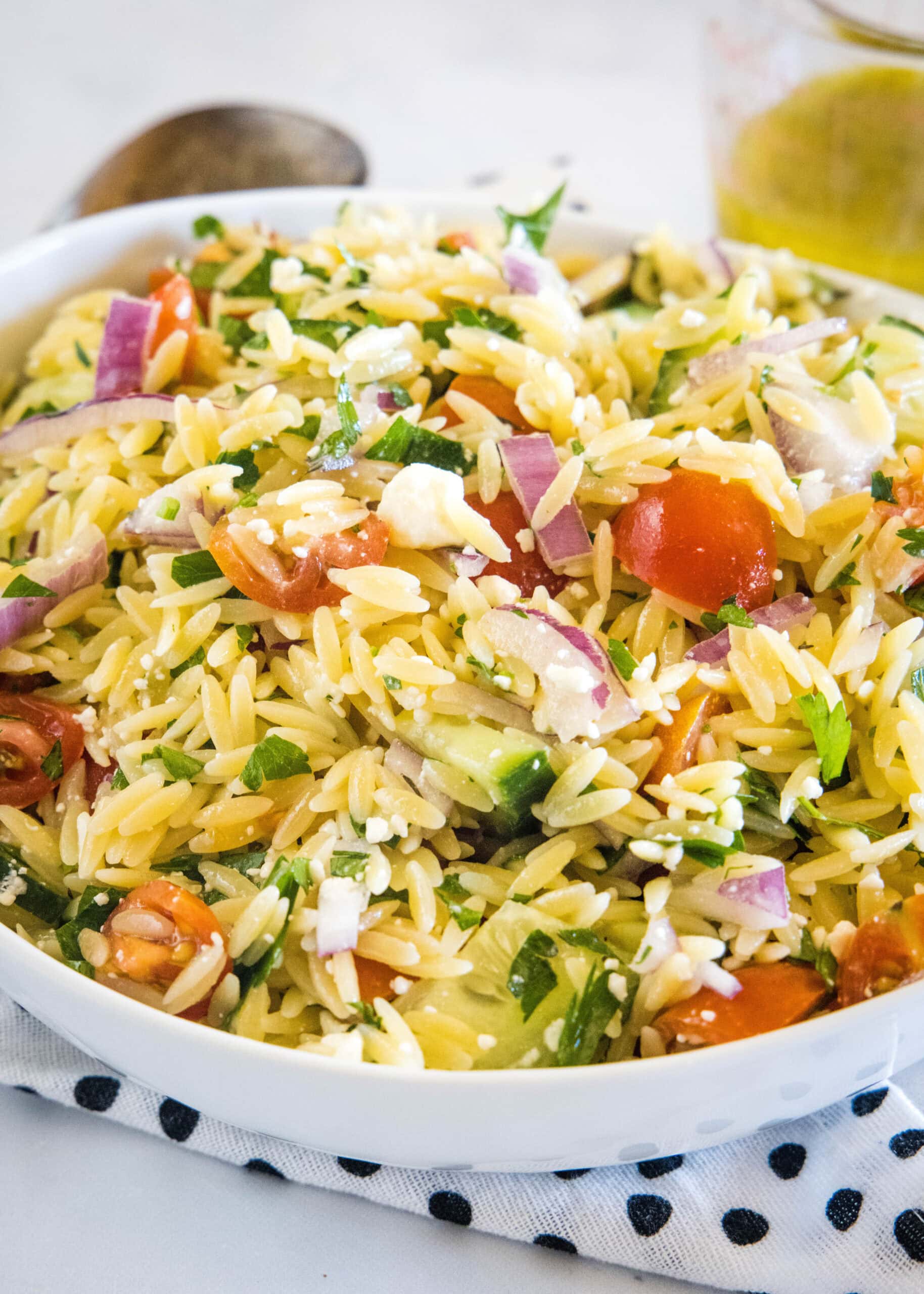 Orzo pasta salad in a large bowl.