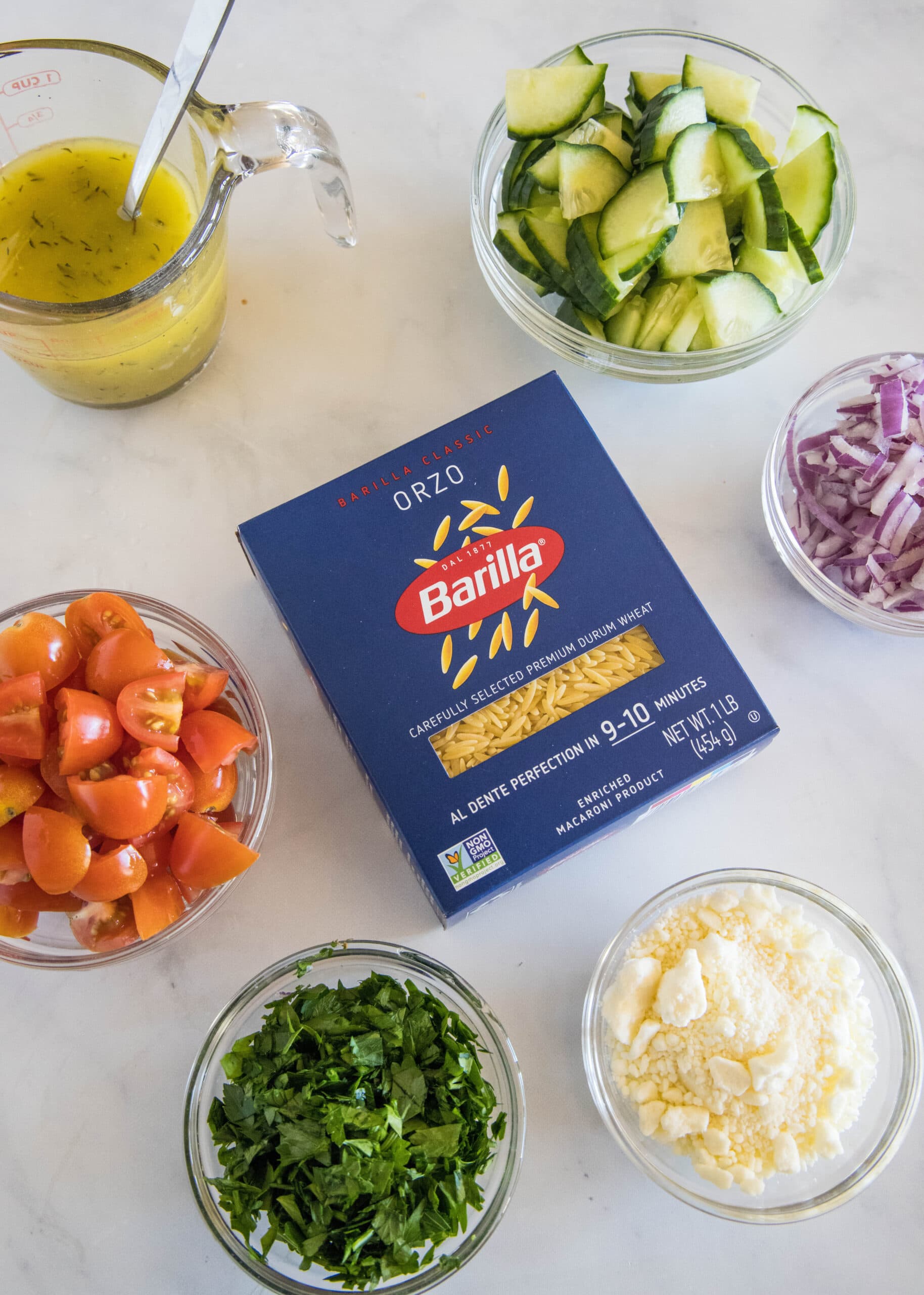 Ingredients for orzo pasta salad.