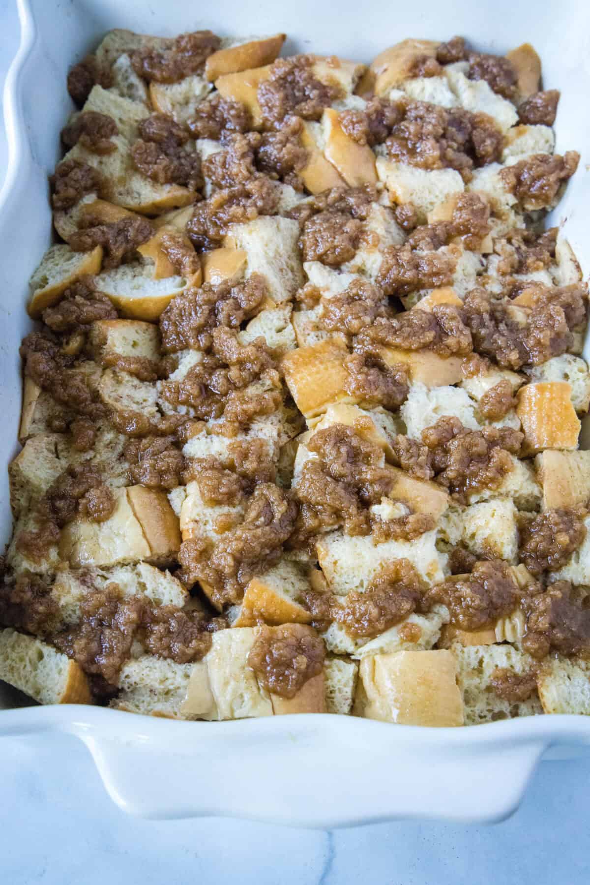 overnight french toast casserole ready for the oven