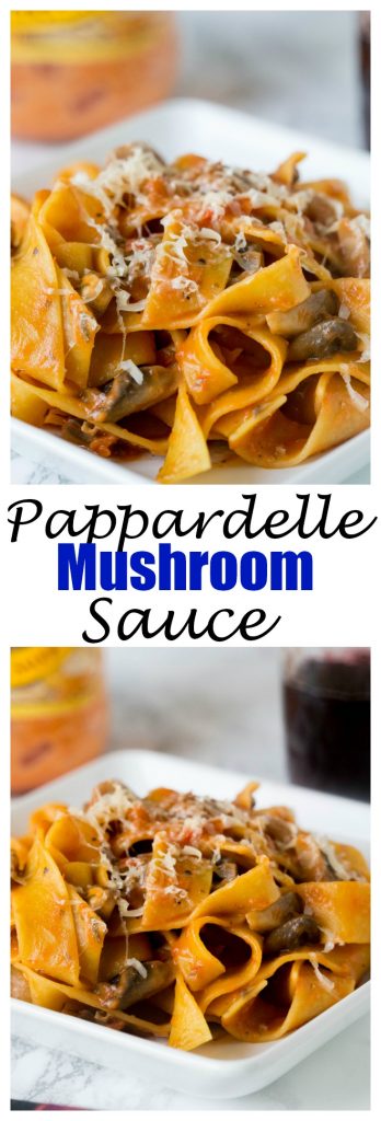 A plate of pasta with a mushroom tomato sauce