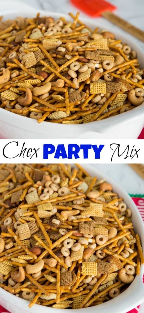 A plate of food, with Party and Chex