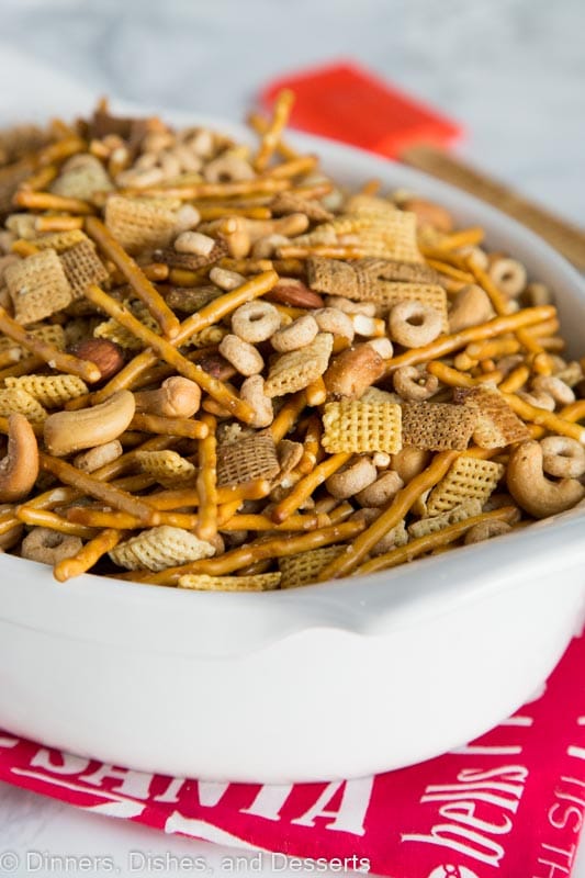 A plate of chex party mix, with Chex and Dinner