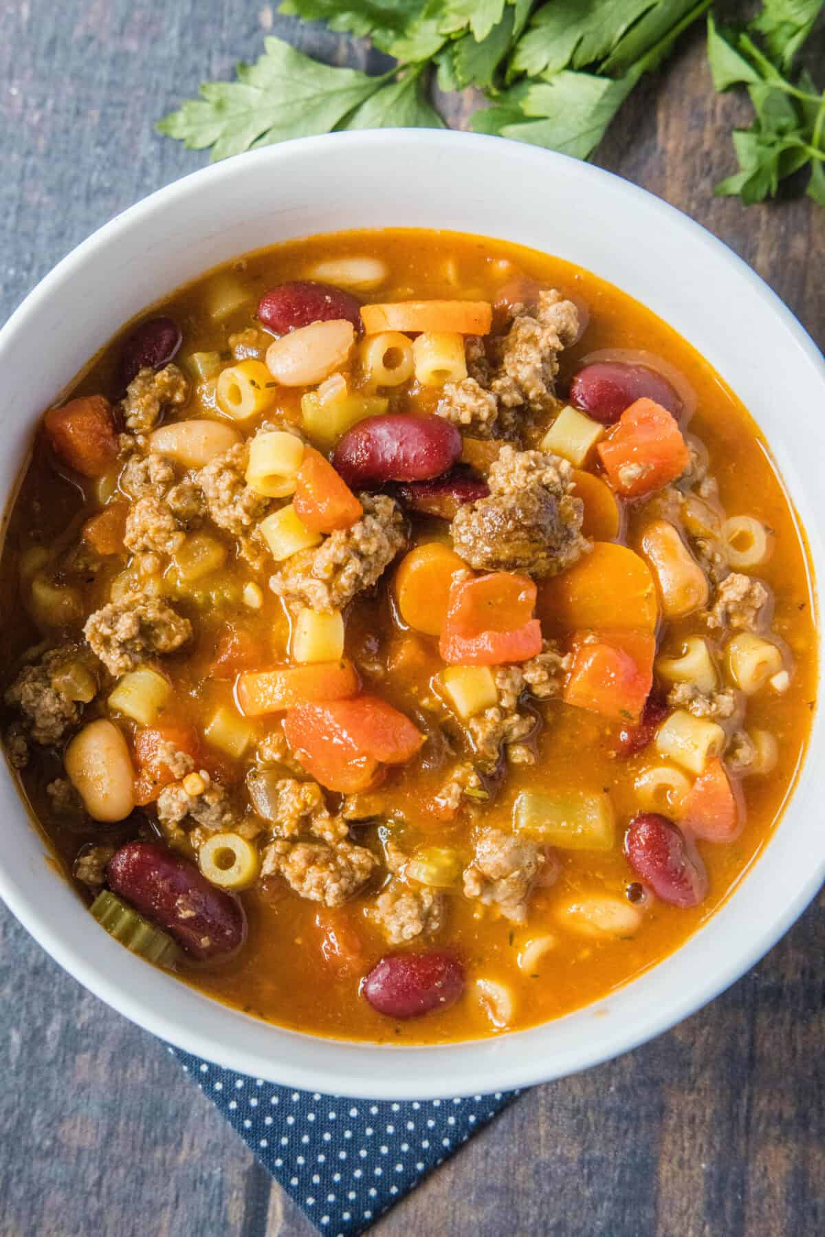 looking down on a bowl of pasta fagioli soup