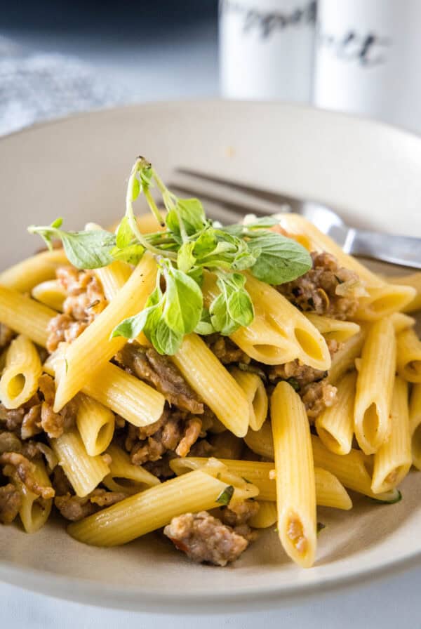 Pasta risotto garnished with oregano leaves in a white bowl with a fork.