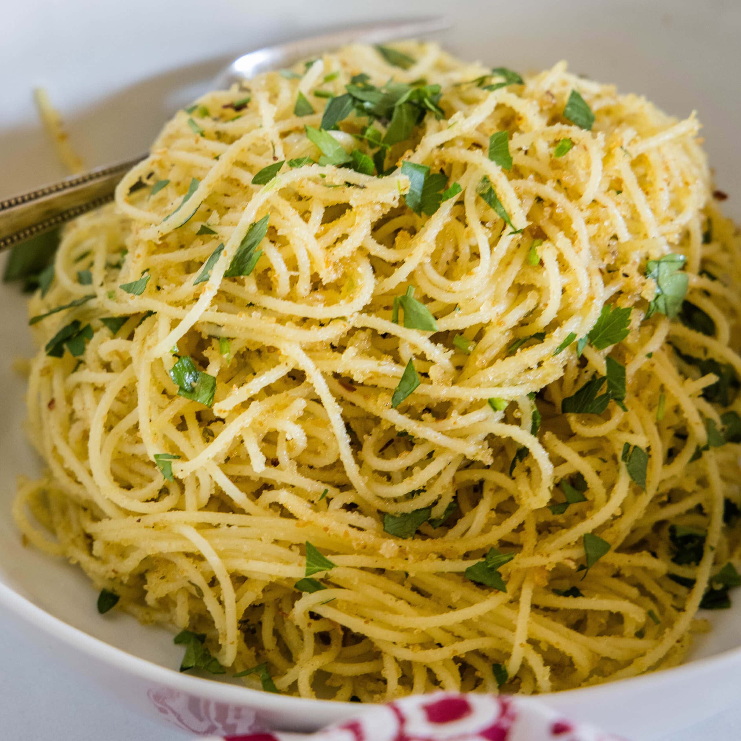 close up pasta with breadcrumbs in a bowl