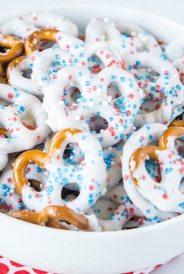 cropped image or chocolate covered pretzels with 4th of july sprinkles