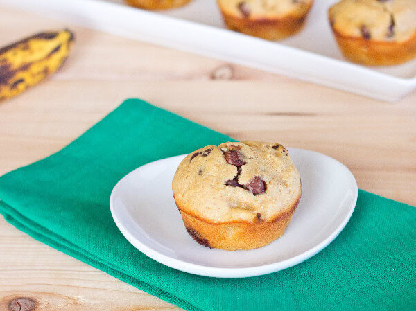 Peanut Butter Banana Chocolate Chip Muffins on white plate