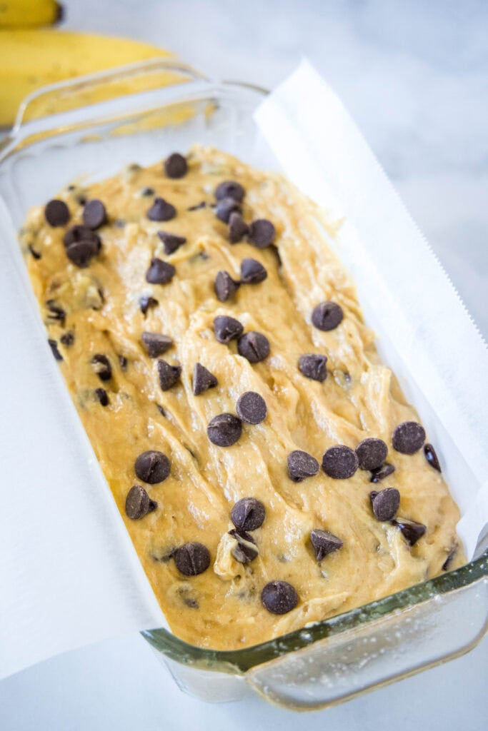banana bread batter in loaf pan