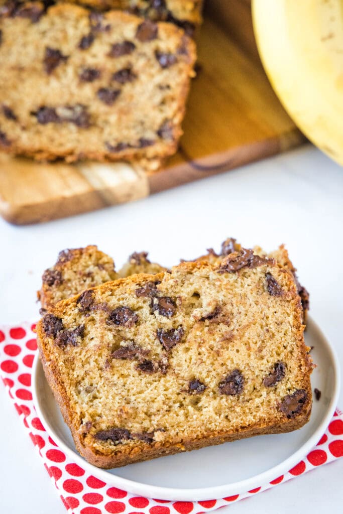 slice of peanut butter banana bread on a white plate