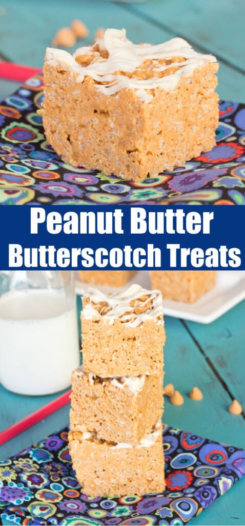 stacked peanut butter butterscotch krispie treats stacked