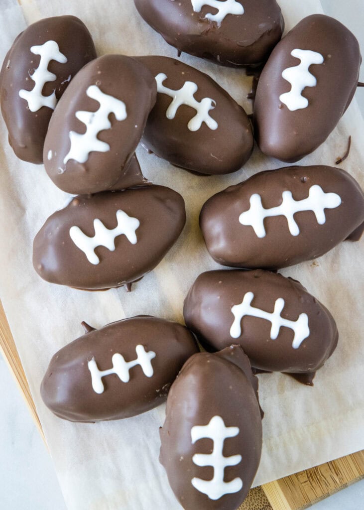 looking down on tray of peanut butter footballs