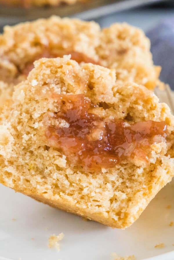 close up pg & j muffin cut in half