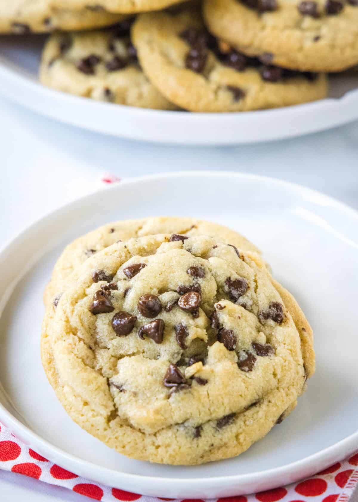 chocolate chip cookies on a white plate