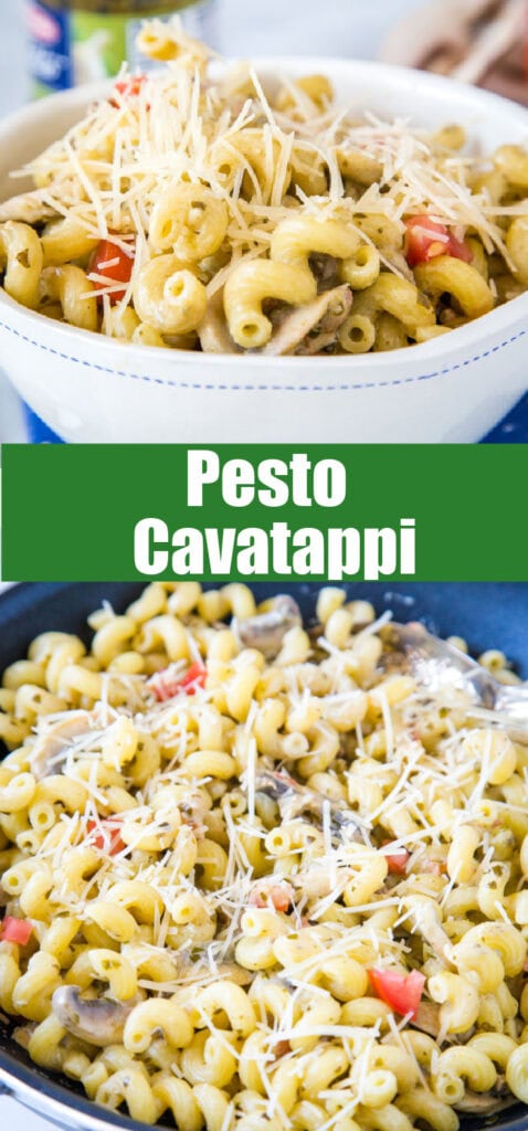 pesto cavatappi in a bowl close up