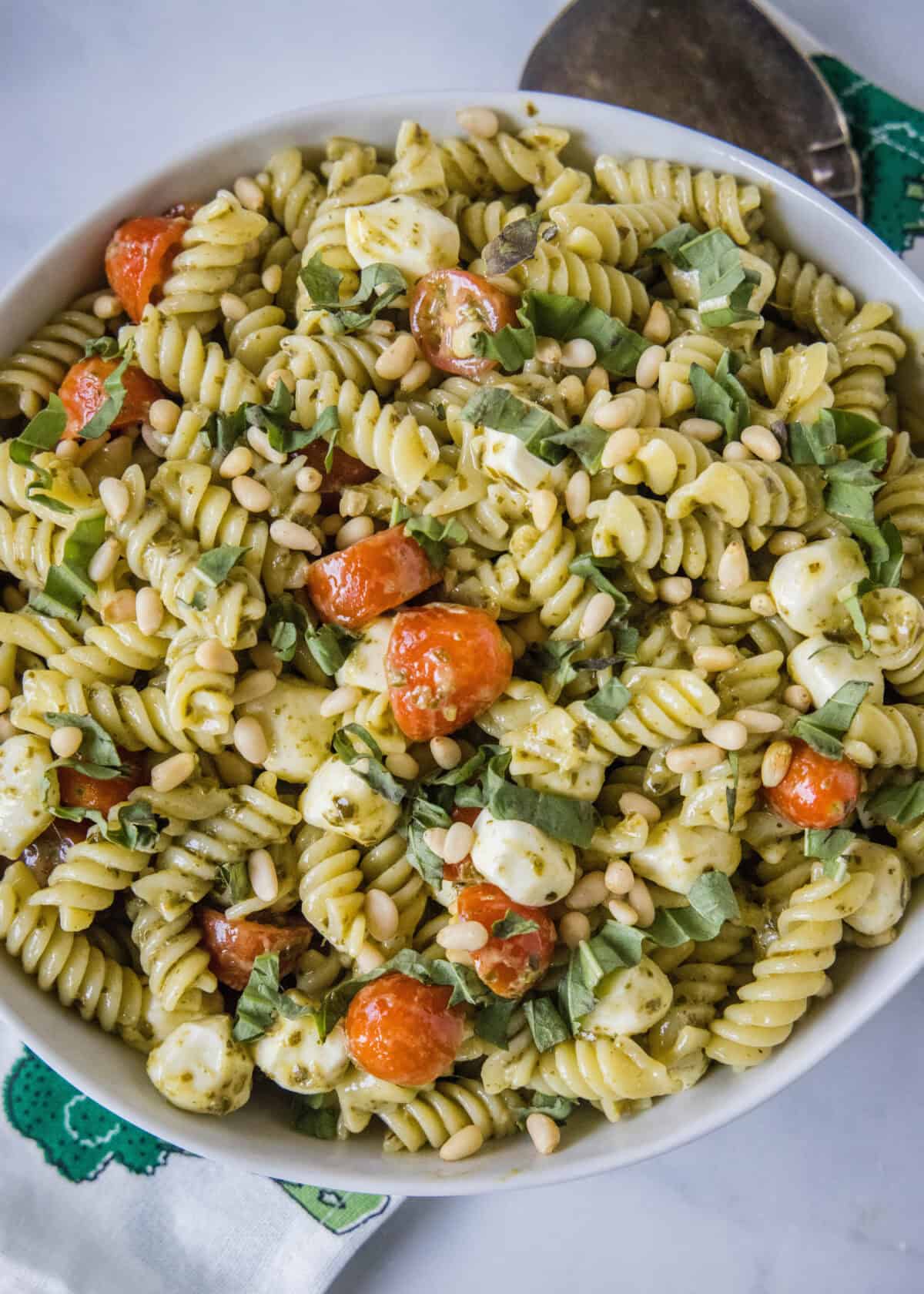 Looking down on a bowl of Pesto Pasta salad