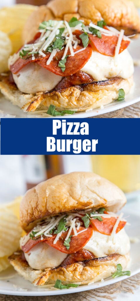 pizza burger close up on a white plate