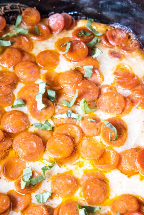 cropped close up crockpot pizza dip in crockpot