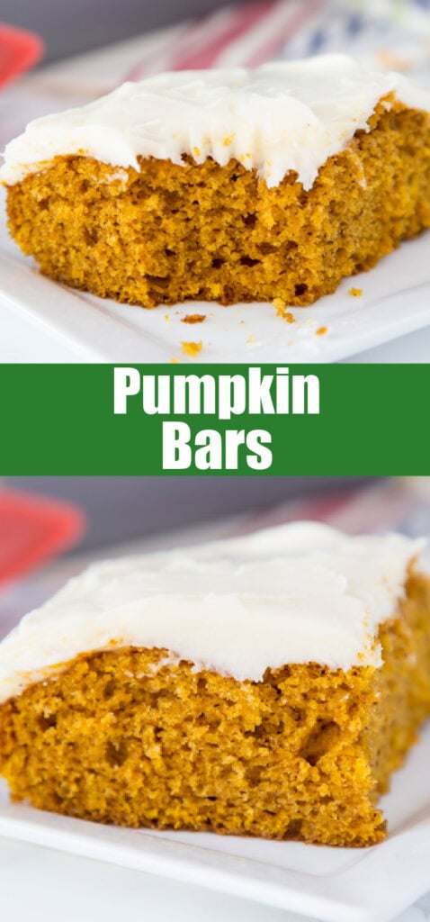 pumpkin bars with cream cheese forsting on a white plate