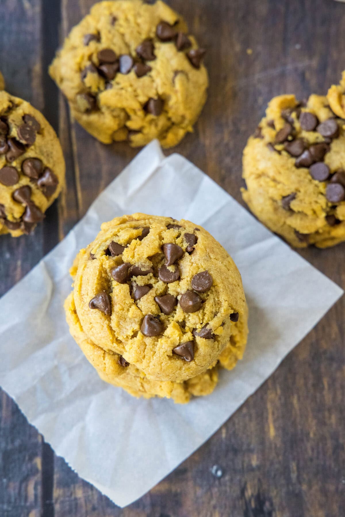 looking down on a stack of pumpkin chocolate chip cookies