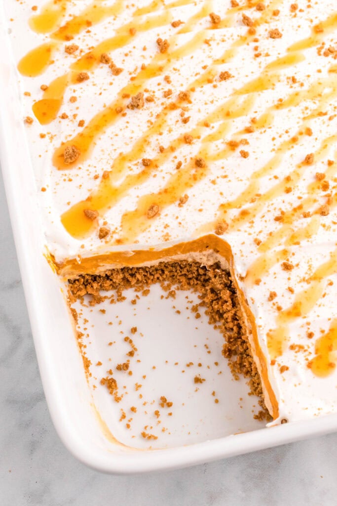 looking down on pumpkin dessert with a slice missing